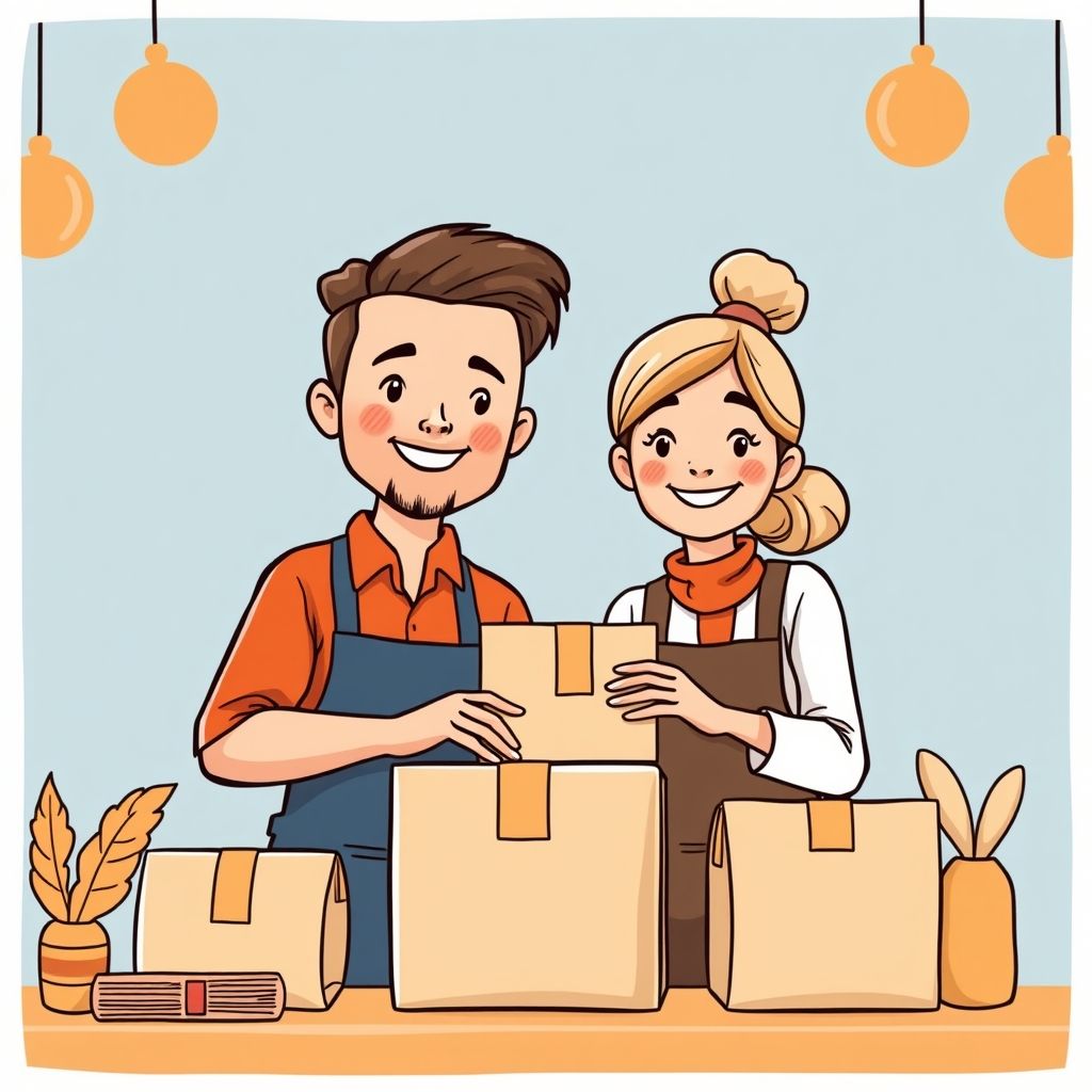 Cartoon illustration of people working together in a business setting