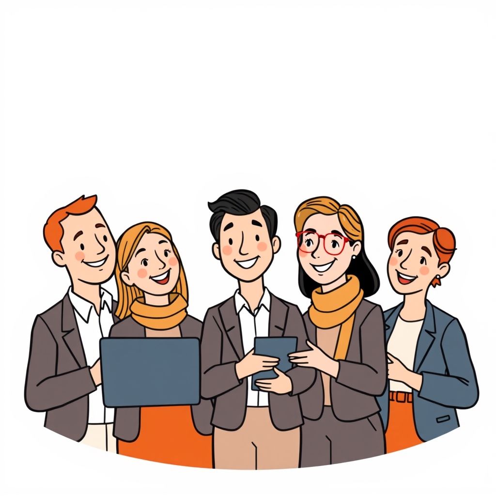 Cartoon illustration of people working together in a business setting