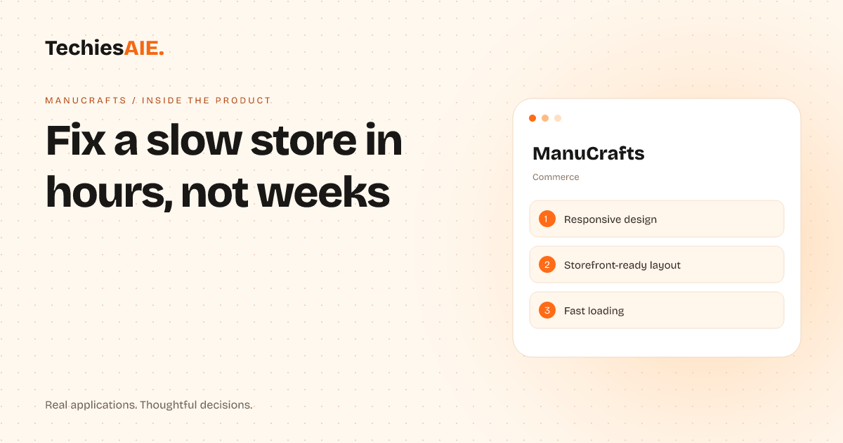 TechiesAIE Inside ManuCrafts: How a ceramic artist stopped losing sales to a slow, outdated online store. Concept illustration for ManuCrafts.
