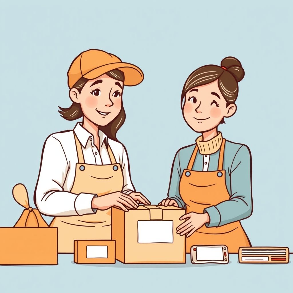 Cartoon illustration of people working together in a business setting
