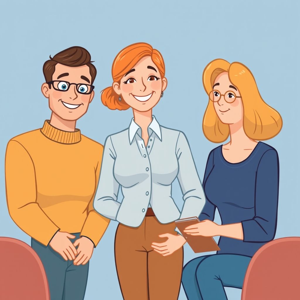 Cartoon illustration of people working together in a business setting
