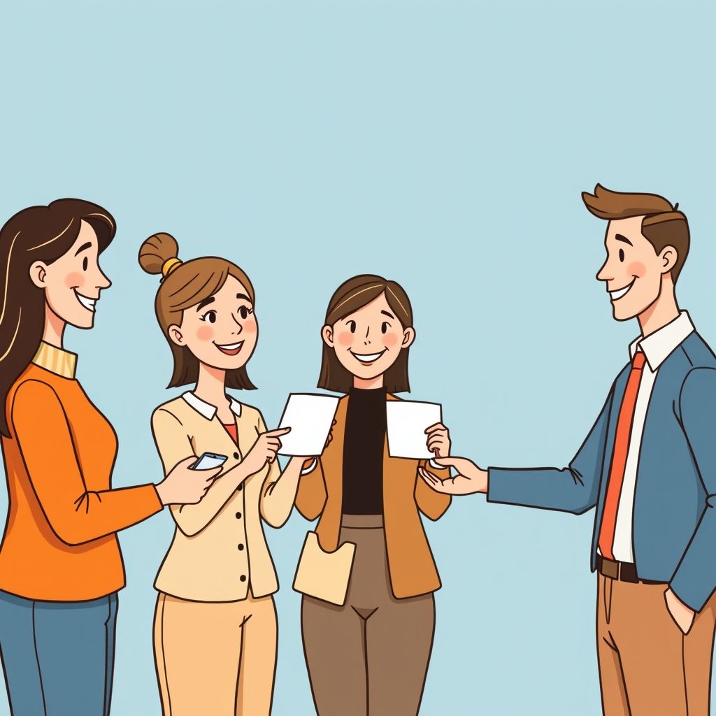 Cartoon illustration of people working together in a business setting