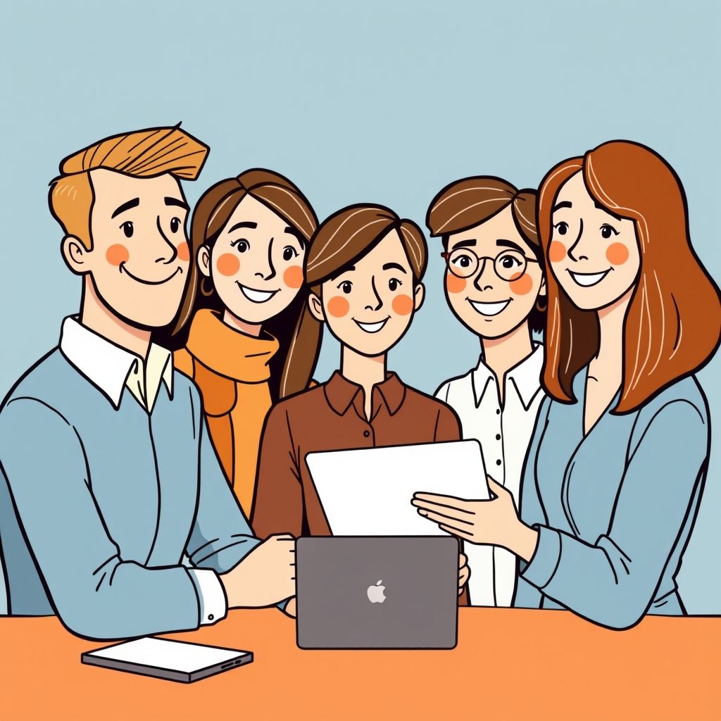 Cartoon illustration of people working together in a business setting