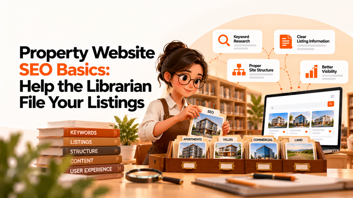 Property website SEO illustration featuring a librarian organizing real estate listings, keyword research, site structure, and search engine visibility.