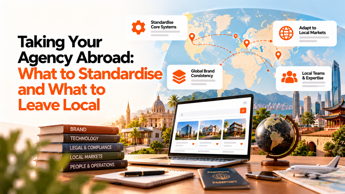 Global real estate agency expansion illustration featuring international property listings, standardised systems, local market expertise, and brand consistency.