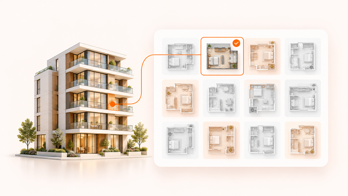 New property development sales illustration featuring a box office launch, online reservations, buyer demand, lead generation, and real estate marketing.