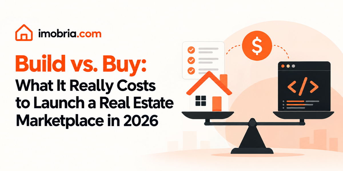 Scales weighing a house against a code window, with a dollar sign above, for the build versus buy cost of a real estate marketplace