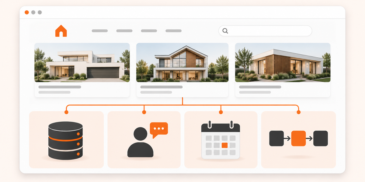 Laptop showing a property portal with a calculator and coins, surrounded by development, hosting, design, features and maintenance costs