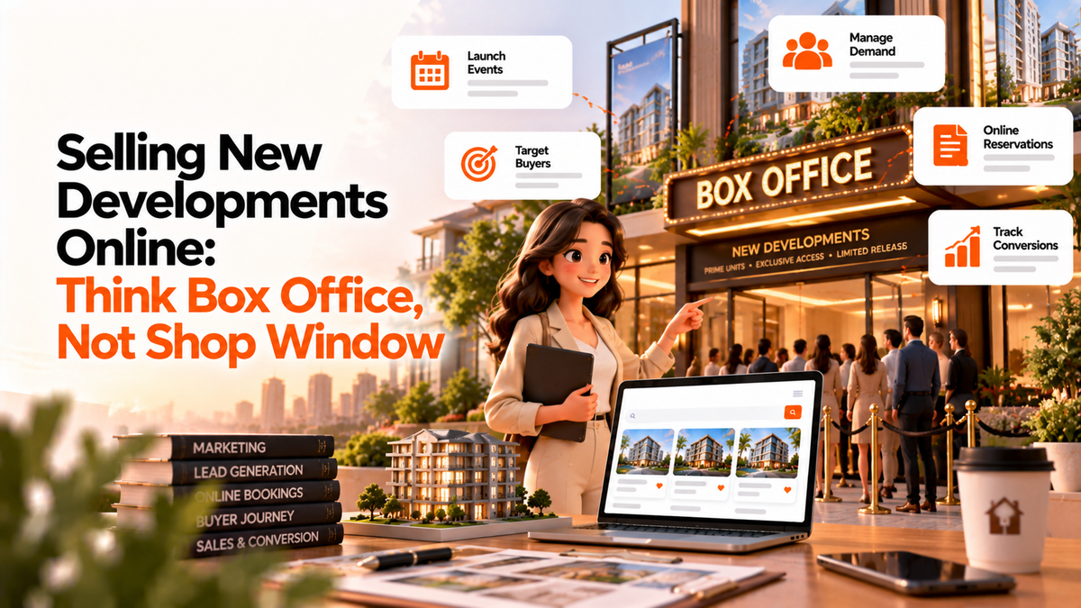 New property development sales illustration featuring a box office launch, online reservations, buyer demand, lead generation, and real estate marketing.