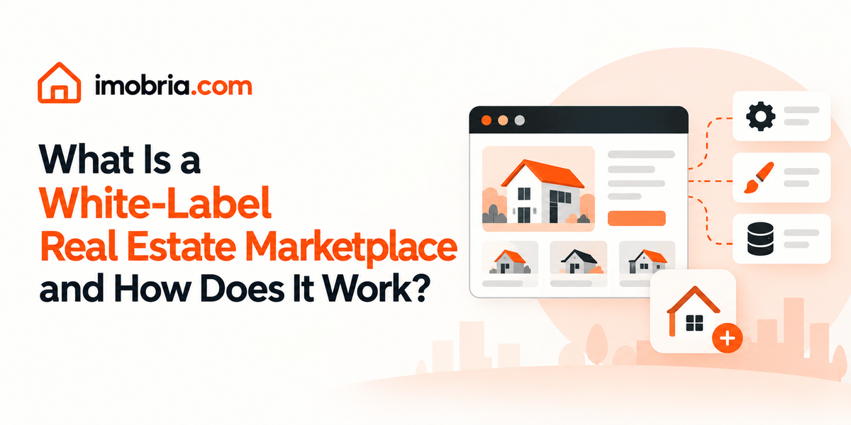 Property listing page in a browser window linked to settings, branding and database icons, illustrating a white-label real estate marketplace