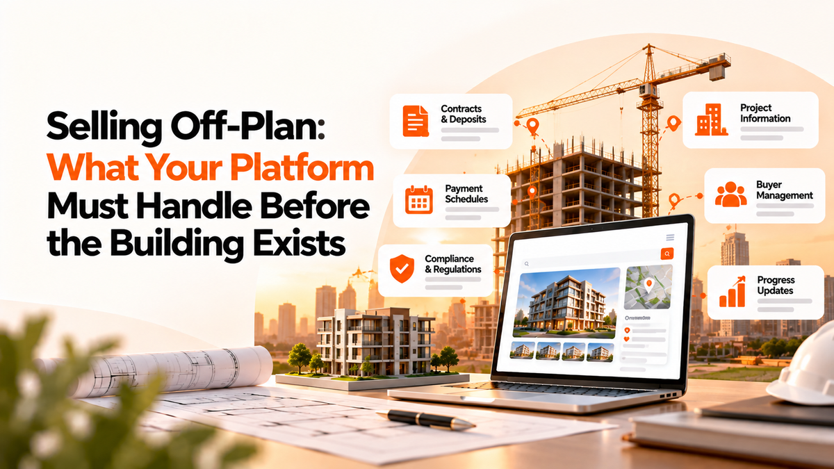 Off-plan property sales illustration featuring a building under construction, property listings, contracts, payment schedules, buyer management.