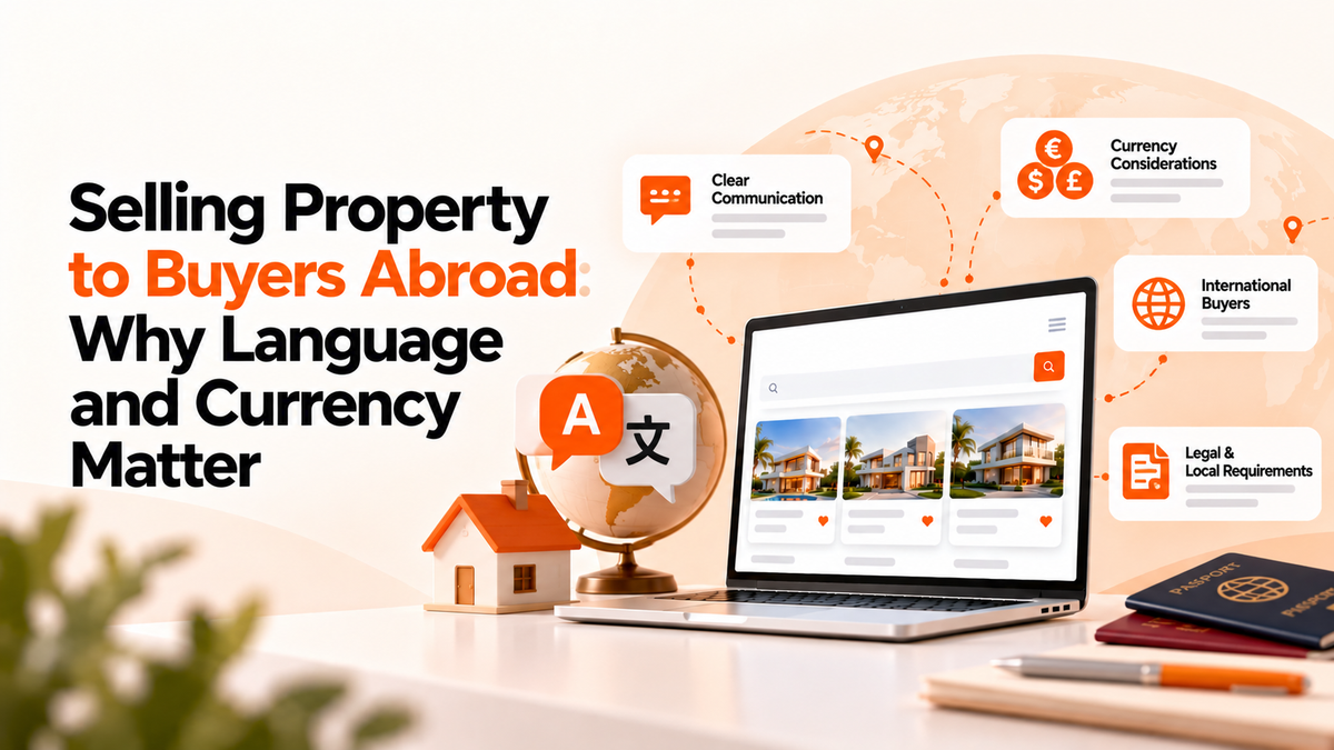 International property sales illustration featuring real estate listings, multilingual communication, currency exchange, and overseas buyers.