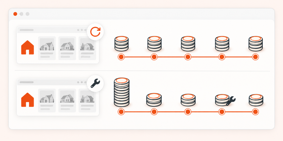 A SaaS cloud window and a code window side by side with a VS badge, linked to total cost of ownership and control
