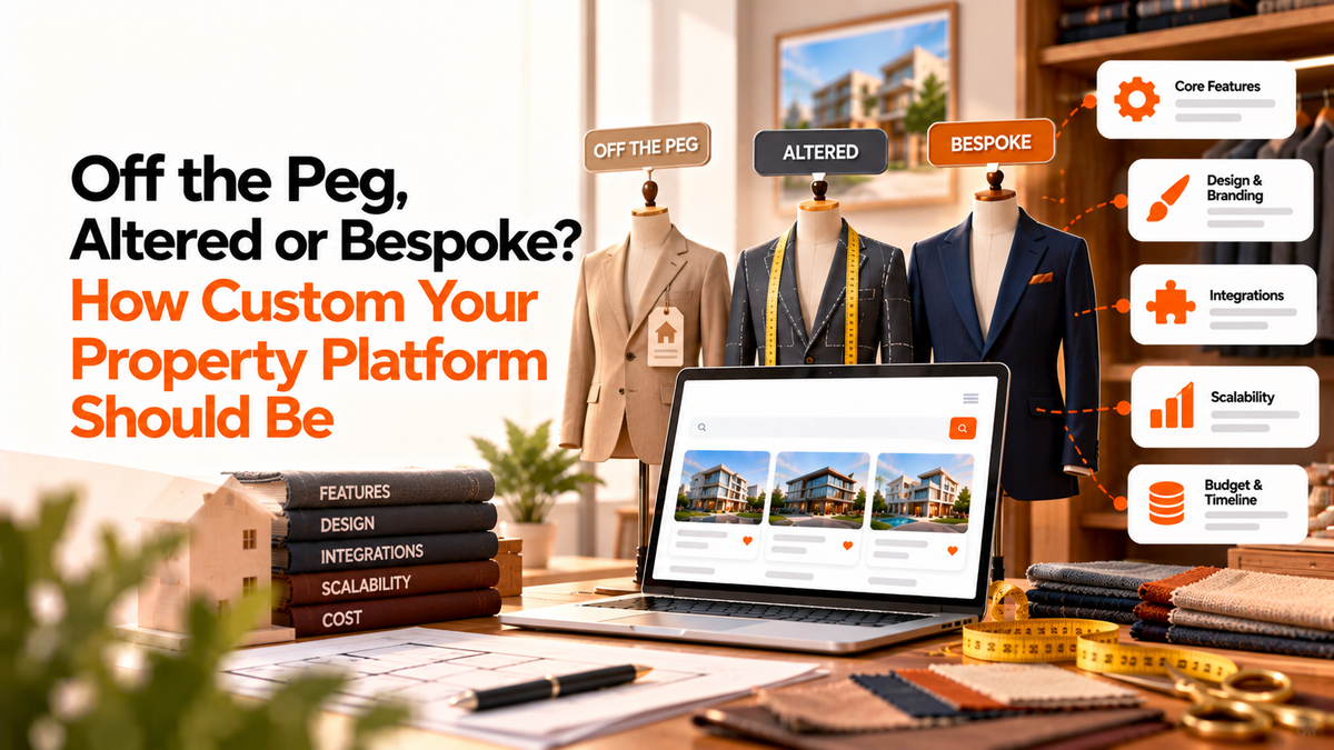 Property platform customization illustration comparing off-the-peg, altered and custom solutions, featuring design, integrations, scalability and costs.