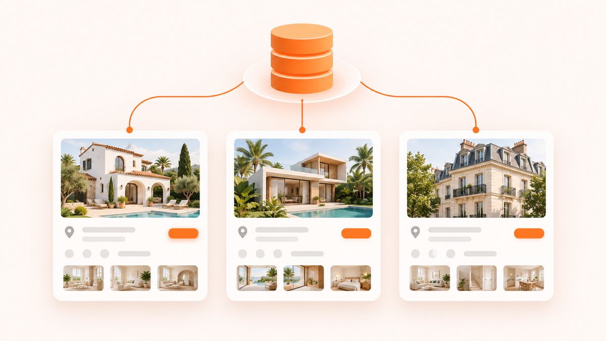 Global real estate agency expansion illustration featuring international property listings, standardized systems, local market expertise, and brand consistency.