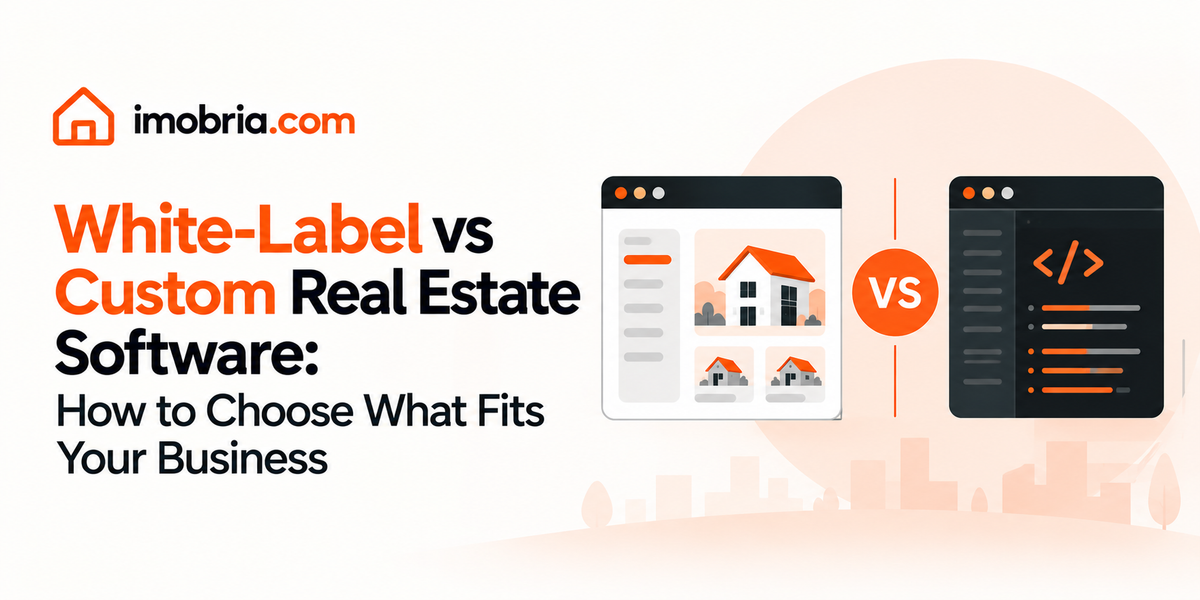 A white-label property portal window and a dark code editor window side by side with a VS badge between them