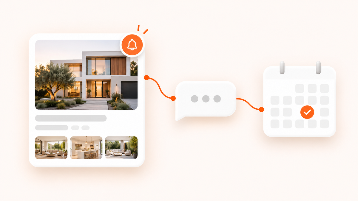 Estate agent lead generation illustration featuring a smart doorbell, CRM dashboard, property inquiries, faster responses, and improved lead conversion.
