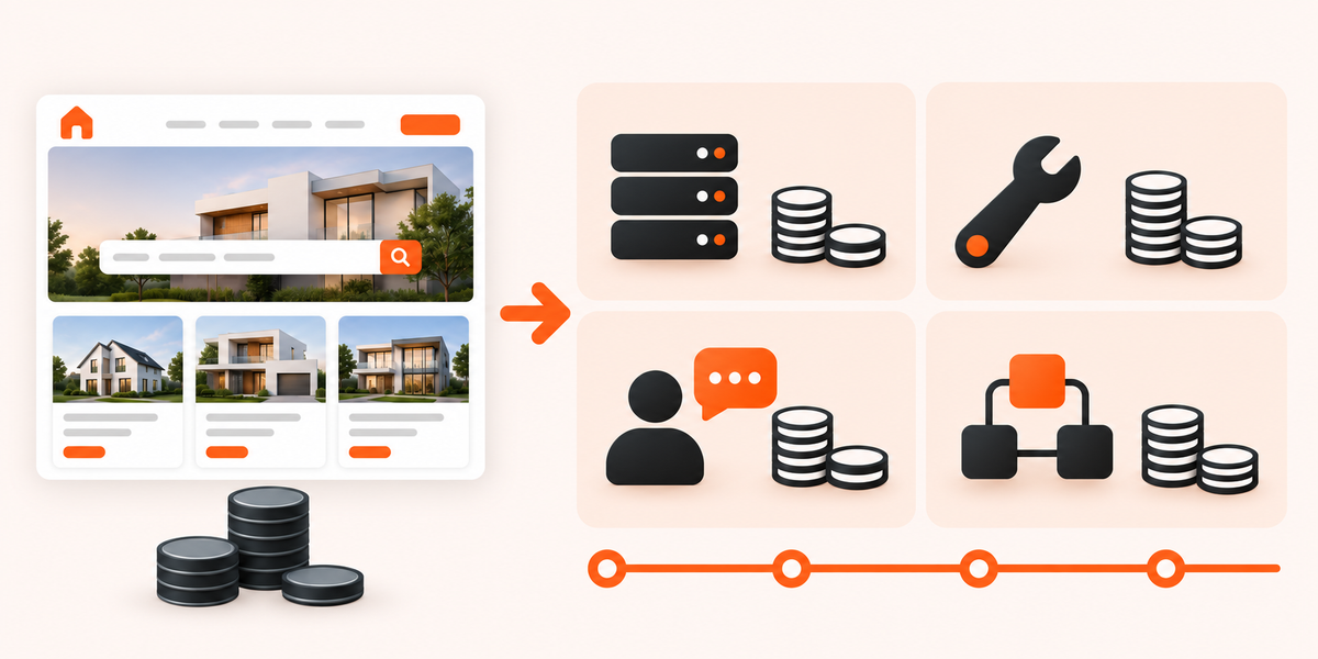 Calendar and clock beside a property listing page in a browser window, illustrating how long it takes to launch a marketplace