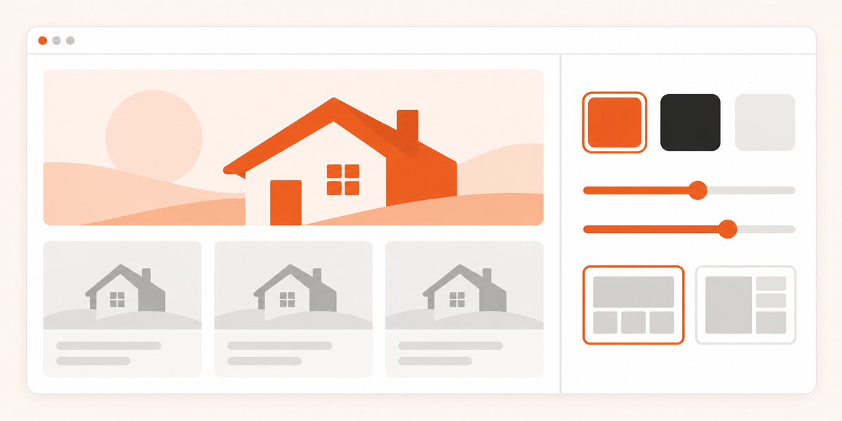 Property marketplace in a browser window linked to branding, layout, features and integrations panels