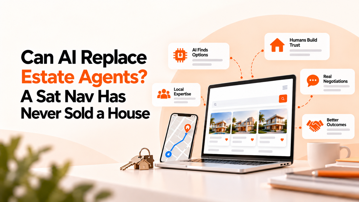 AI versus estate agents illustration featuring property listings, GPS navigation, house keys, human expertise, trust, and real estate negotiations.