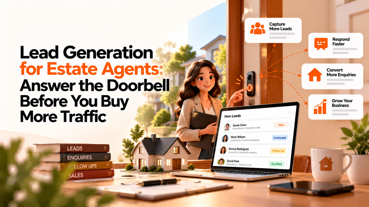 Estate agent lead generation illustration featuring a smart doorbell, CRM dashboard, property inquiries, faster responses, and improved lead conversion.