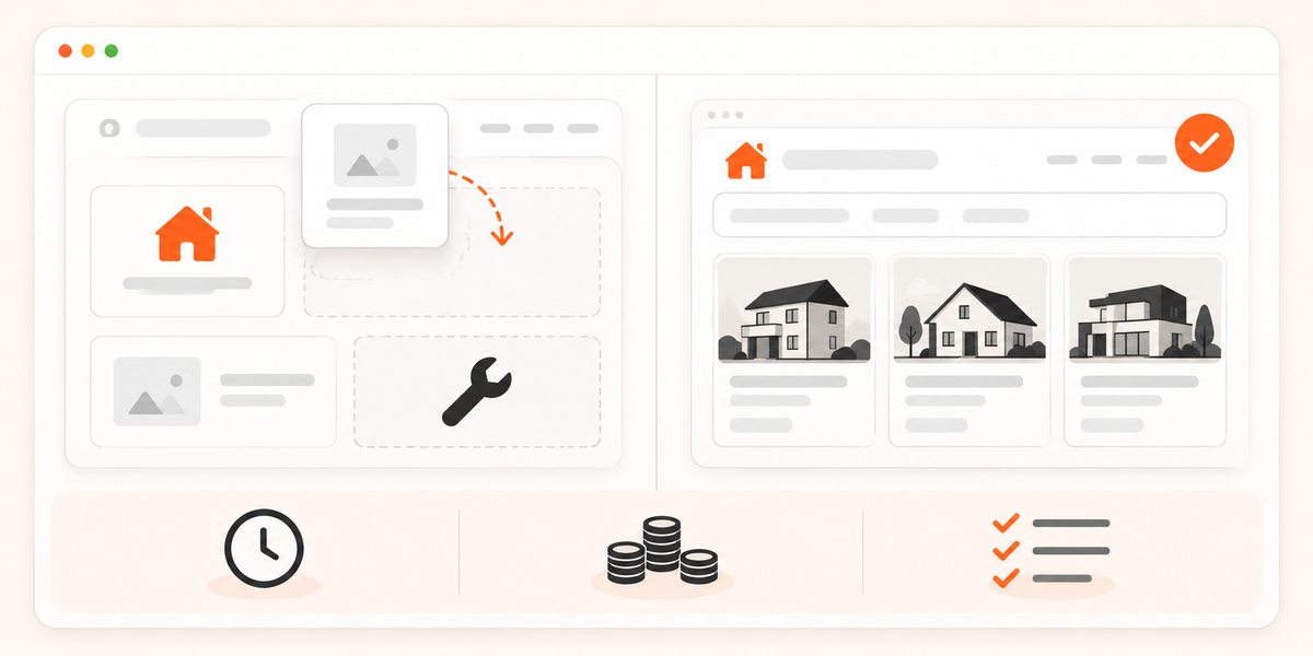 Scales weighing a house against a code window, with a dollar sign above, for the build versus buy cost of a real estate marketplace