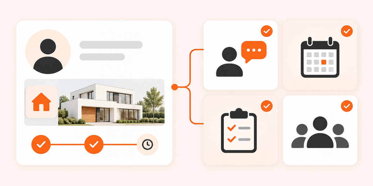Real estate CRM in a browser window showing listings and a contact profile, with a house key fob and linked icons