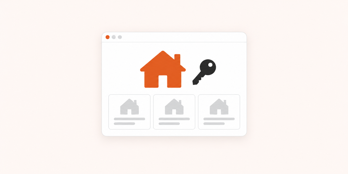 Estate agency building with an arrow pointing to a laptop showing a property portal, with linked people, analytics and settings icons