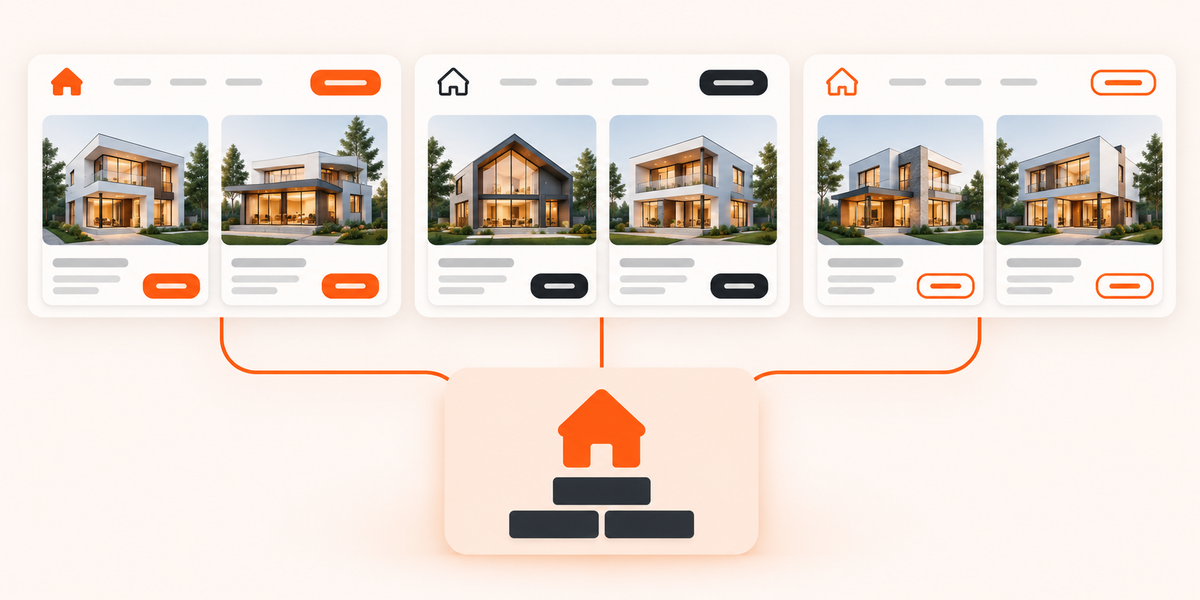 Property listing page in a browser window linked to settings, branding and database icons, illustrating a white-label real estate marketplace