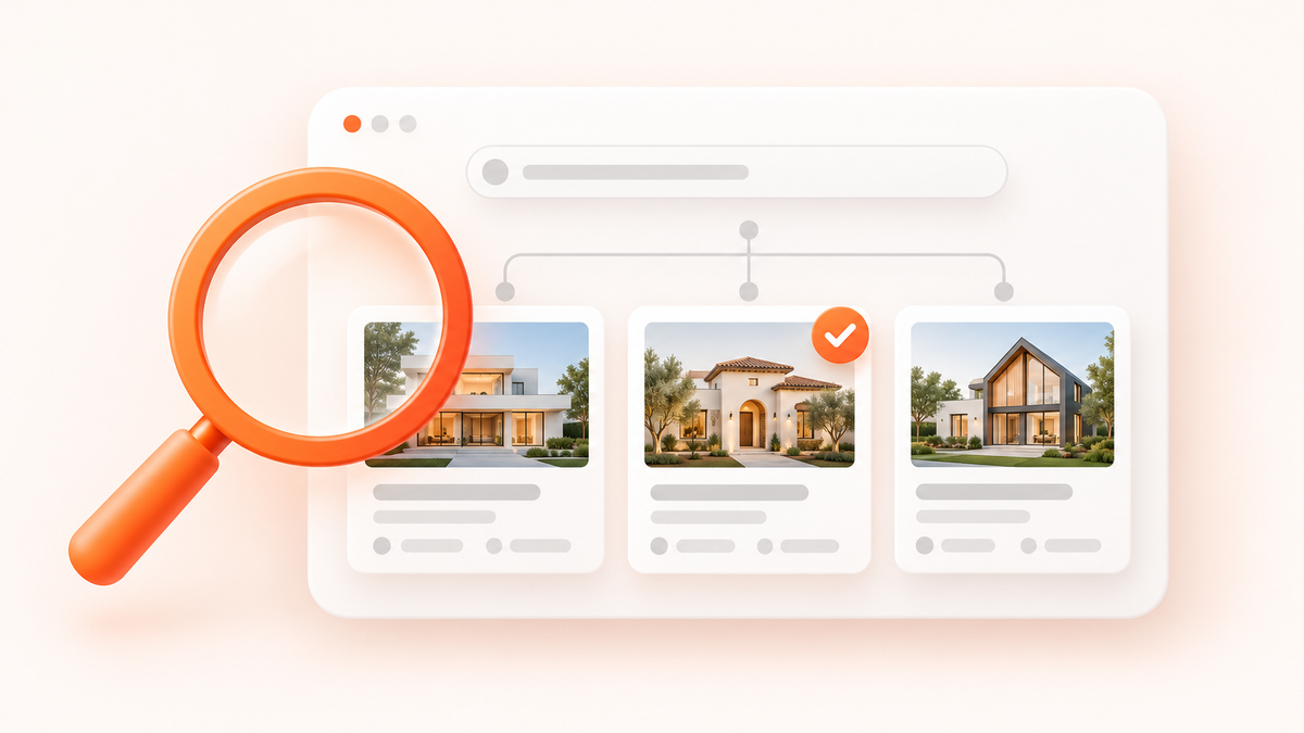 Property website SEO illustration featuring a librarian organizing real estate listings, keyword research, site structure, and search engine visibility.