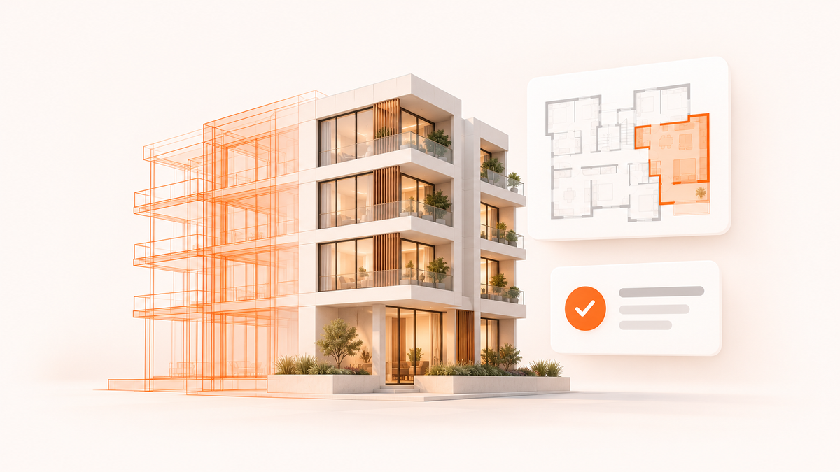 Off-plan property sales illustration featuring a building under construction, property listings, contracts, payment schedules, buyer management.
