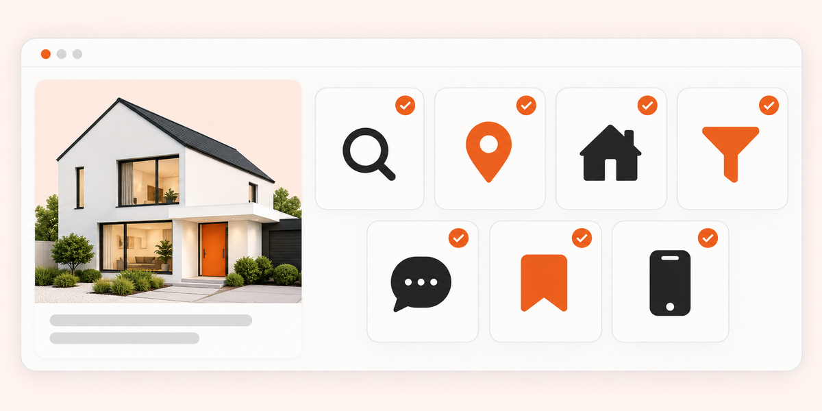 Imobria property portal on a laptop surrounded by seven key features, including search, maps, analytics and monetization