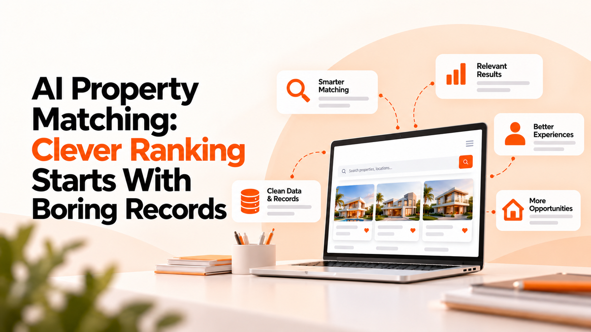 AI property matching illustration featuring real estate listings, clean data, smarter search rankings, and accurate property recommendations for buyers.