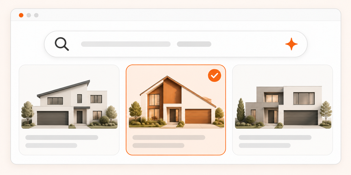 Woman considering a property search page on a browser while a friendly AI robot points to personalized results and recommendations