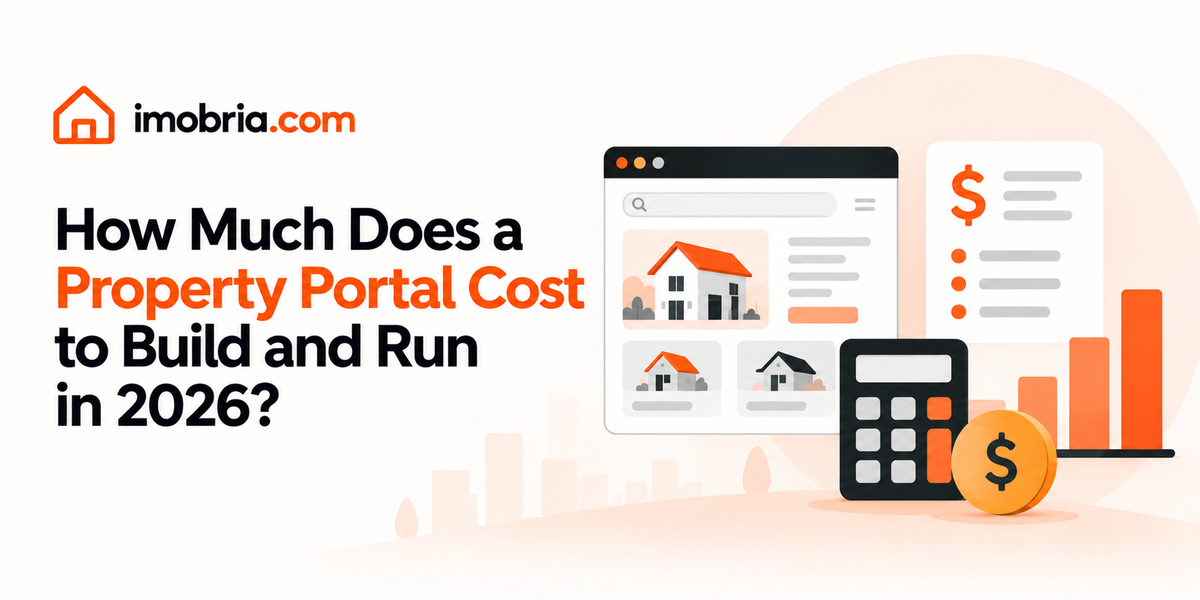 Property portal listing page beside a calculator, dollar coin, cost list and rising bar chart, illustrating portal build and running costs