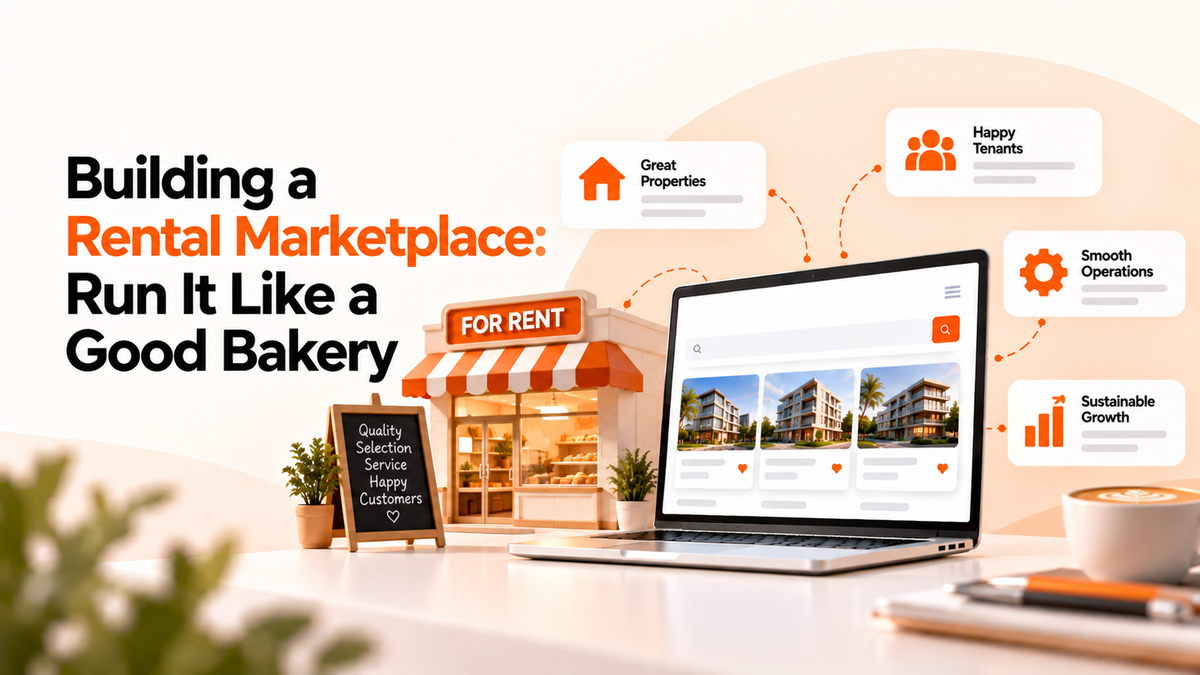 Rental marketplace illustration featuring property listings, a bakery storefront, happy tenants, smooth operations, quality service, and sustainable growth.