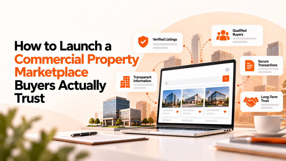 Commercial property marketplace illustration featuring verified listings, qualified buyers, transparent information, secure transactions, and buyer trust.