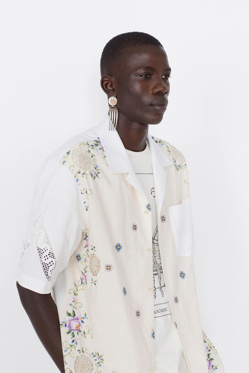 Unisex Embroidered Linens Bowling Shirt