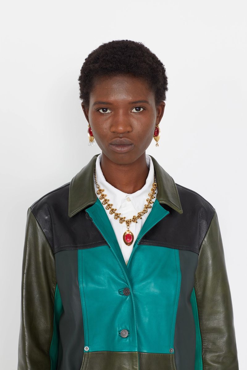 Green-Tones Leather Boxy Jacket