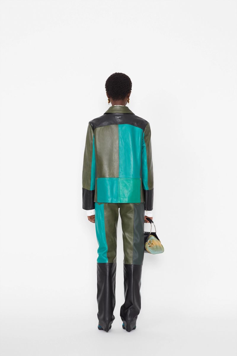 Green-Tones Leather Boxy Jacket