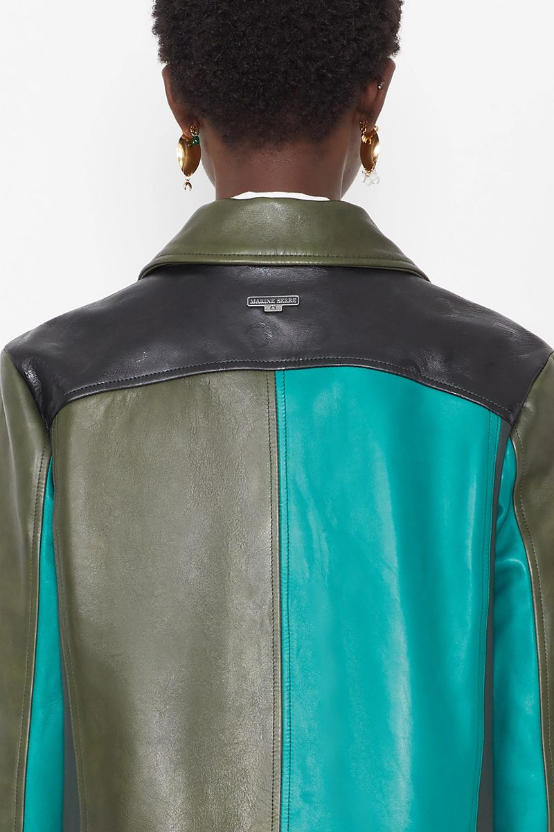 Green-Tones Leather Boxy Jacket