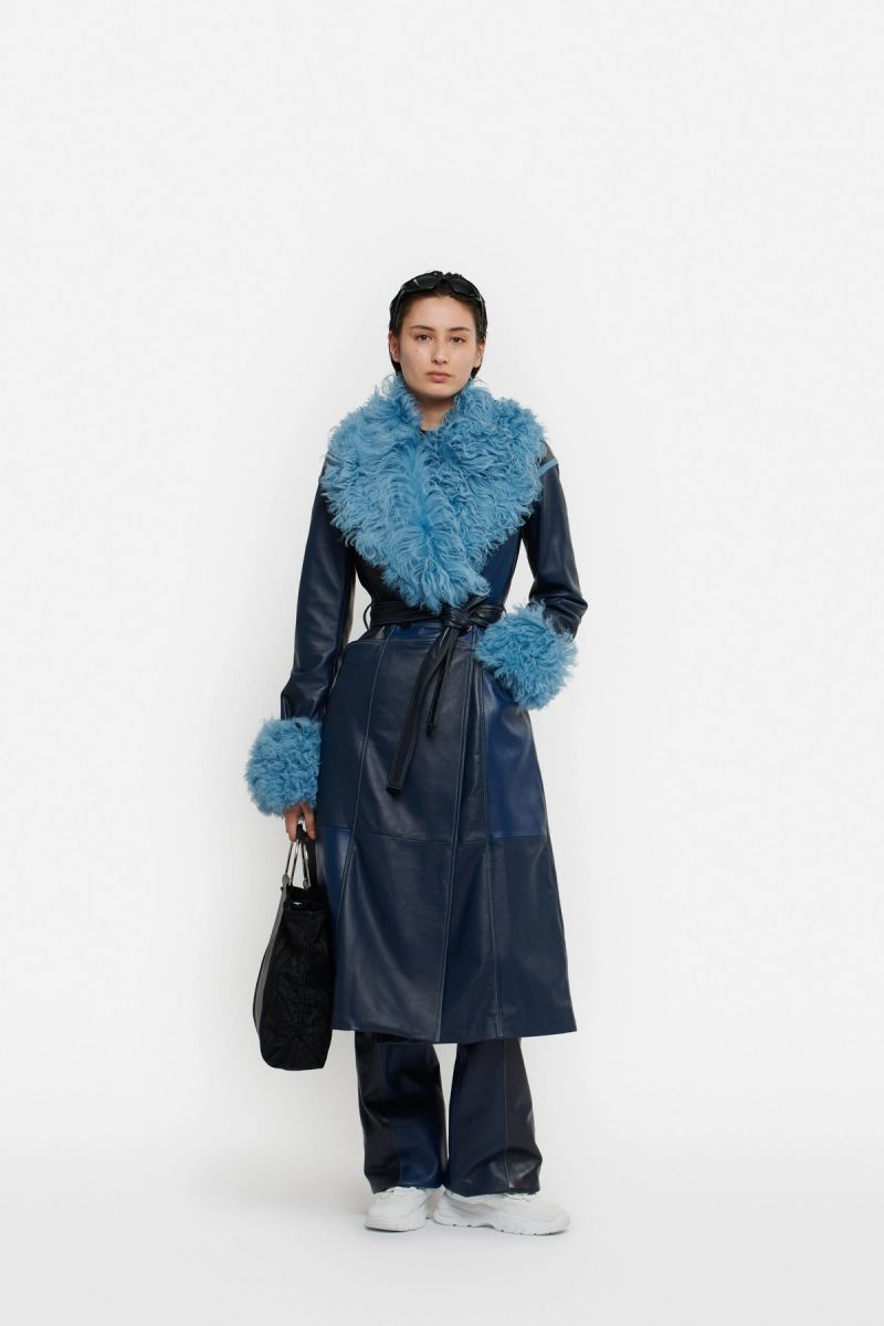 Blue-Tones Double Breasted Leather Coat