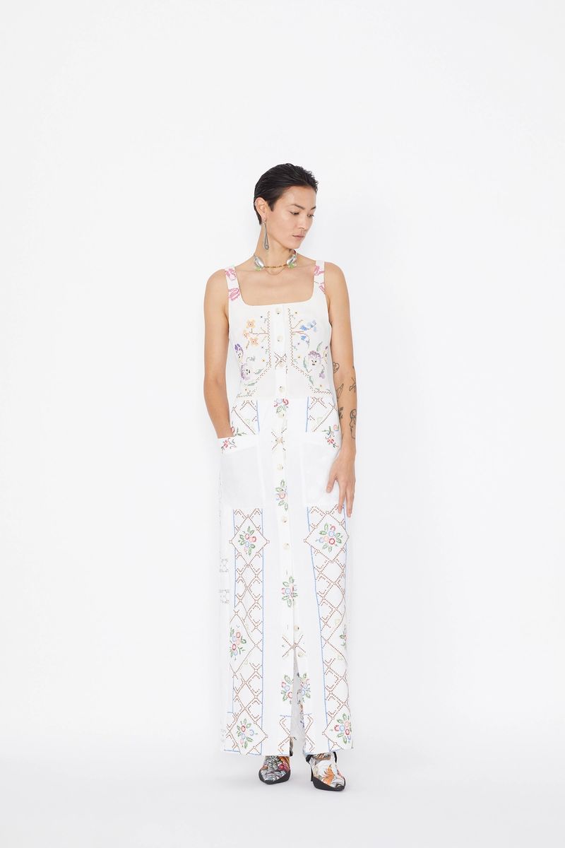 Embroidered Linens Buttoned Long Dress