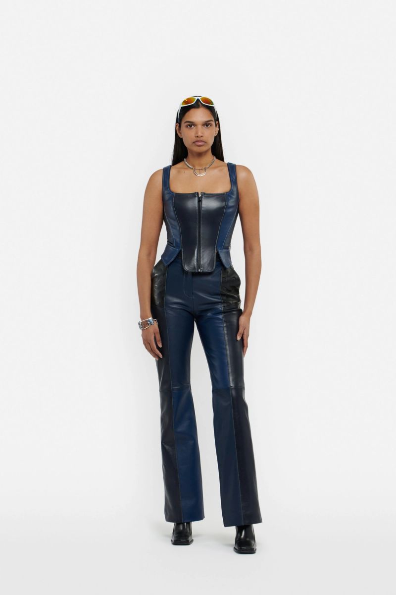 Blue-Tones Wide Legs Leather Trousers