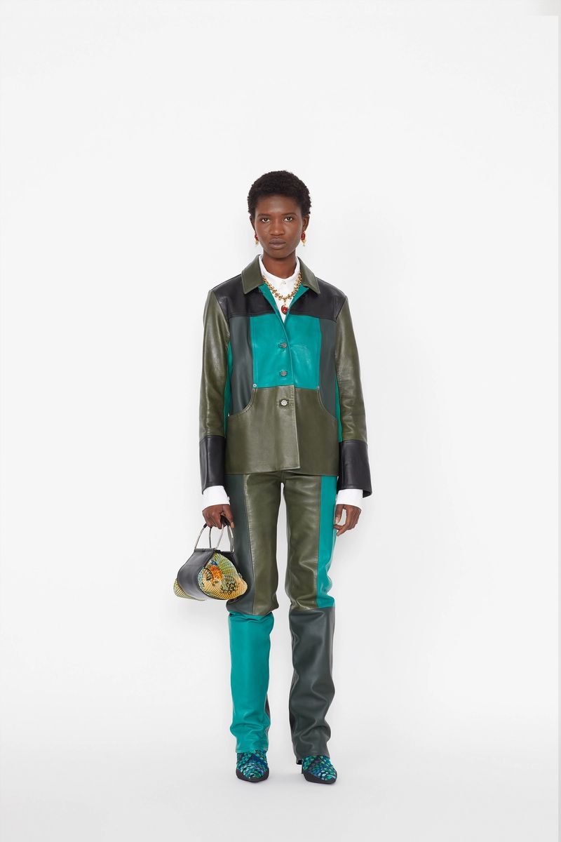Green-Tones Leather Boxy Jacket