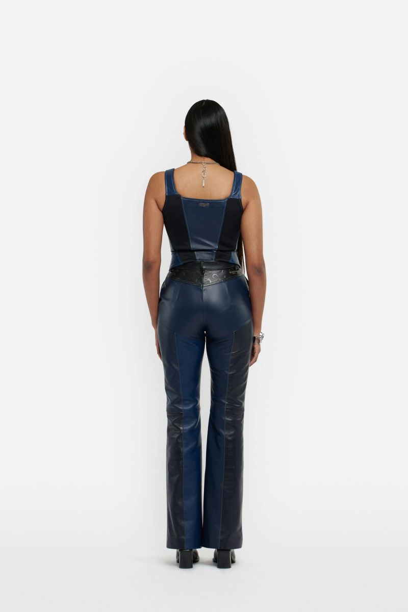 Blue-Tones Wide Legs Leather Trousers