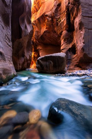 A low view from just above the Virgin River in the Narrows of Zion, with water rushing over rounded cobbles toward a large boulder and canyon walls glowing orange above.