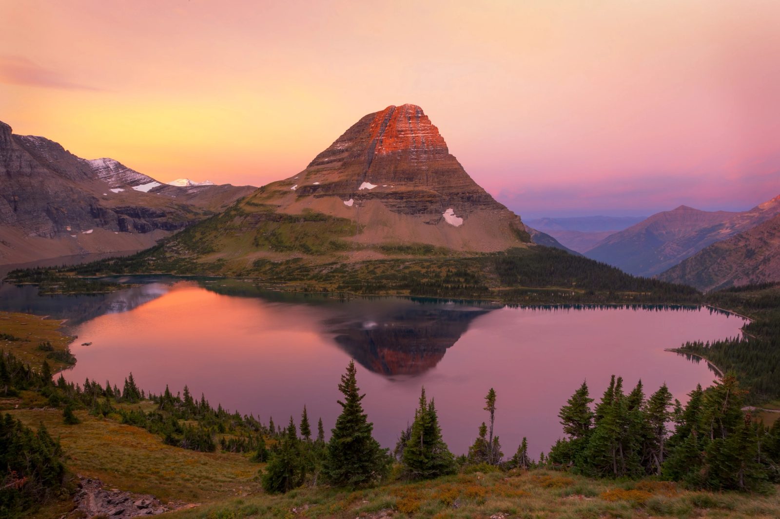 Bearhat Mountain in sunrise light, reflected in Hidden Lake, from the overlook.