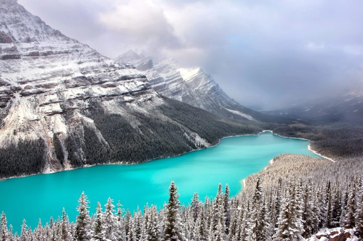 Peyto Lake under fresh snow from the viewpoint above it, Banff National Park, Alberta, with light breaking over the turquoise water.