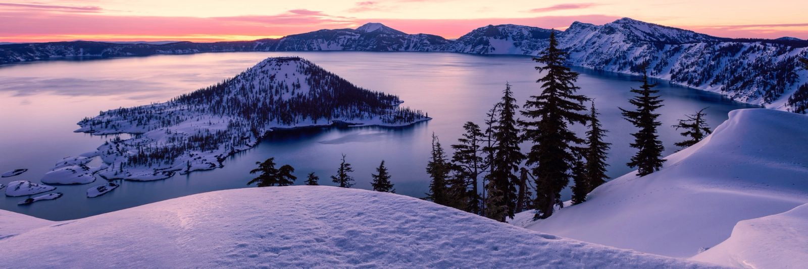 Wizard Island in a calm, snow-rimmed Crater Lake at dawn, with snowdrifts and mountain hemlocks in the foreground and a pink and lavender sky over the far rim.